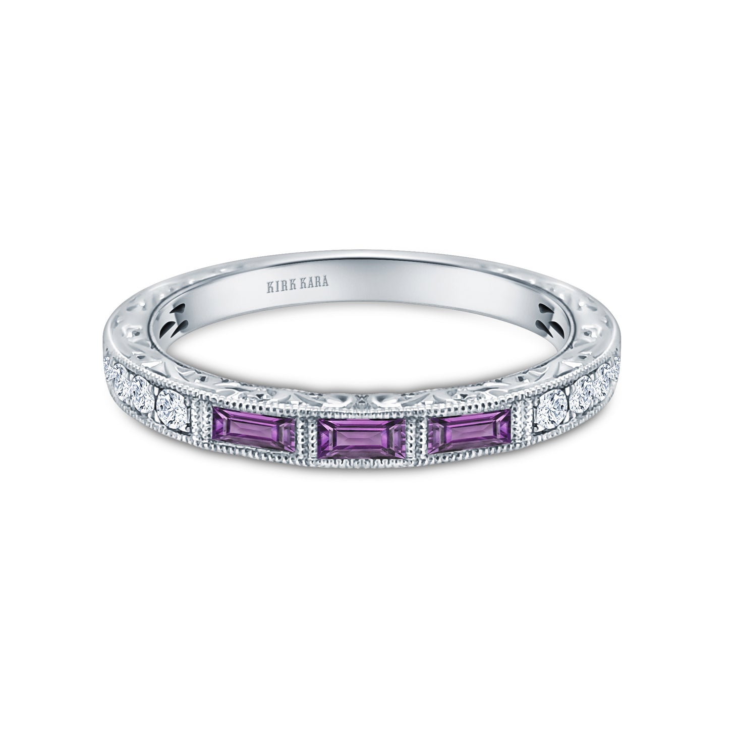 Baguette Engraved Amethyst Diamond Wedding Band