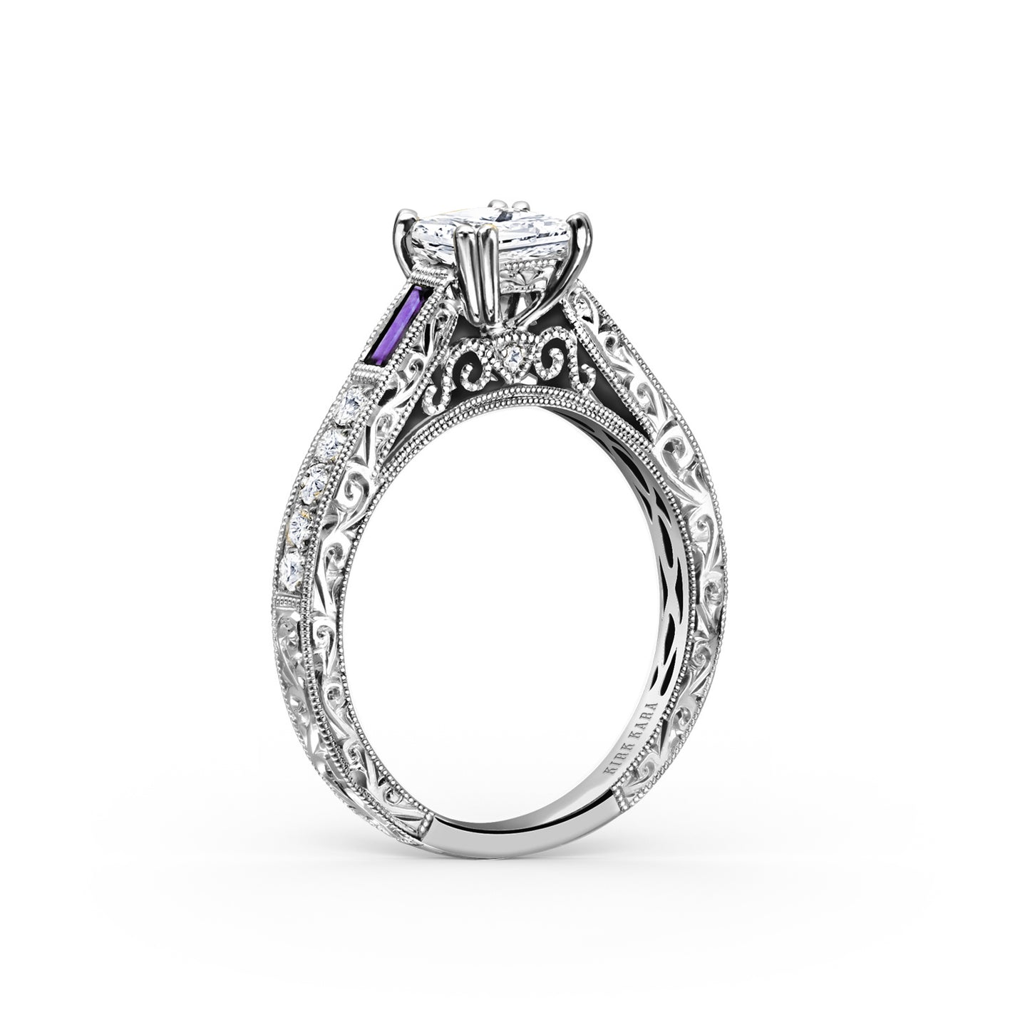 Baguette Engraved Amethyst Diamond Engagement Ring