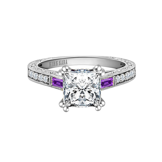 Baguette Engraved Amethyst Diamond Engagement Ring