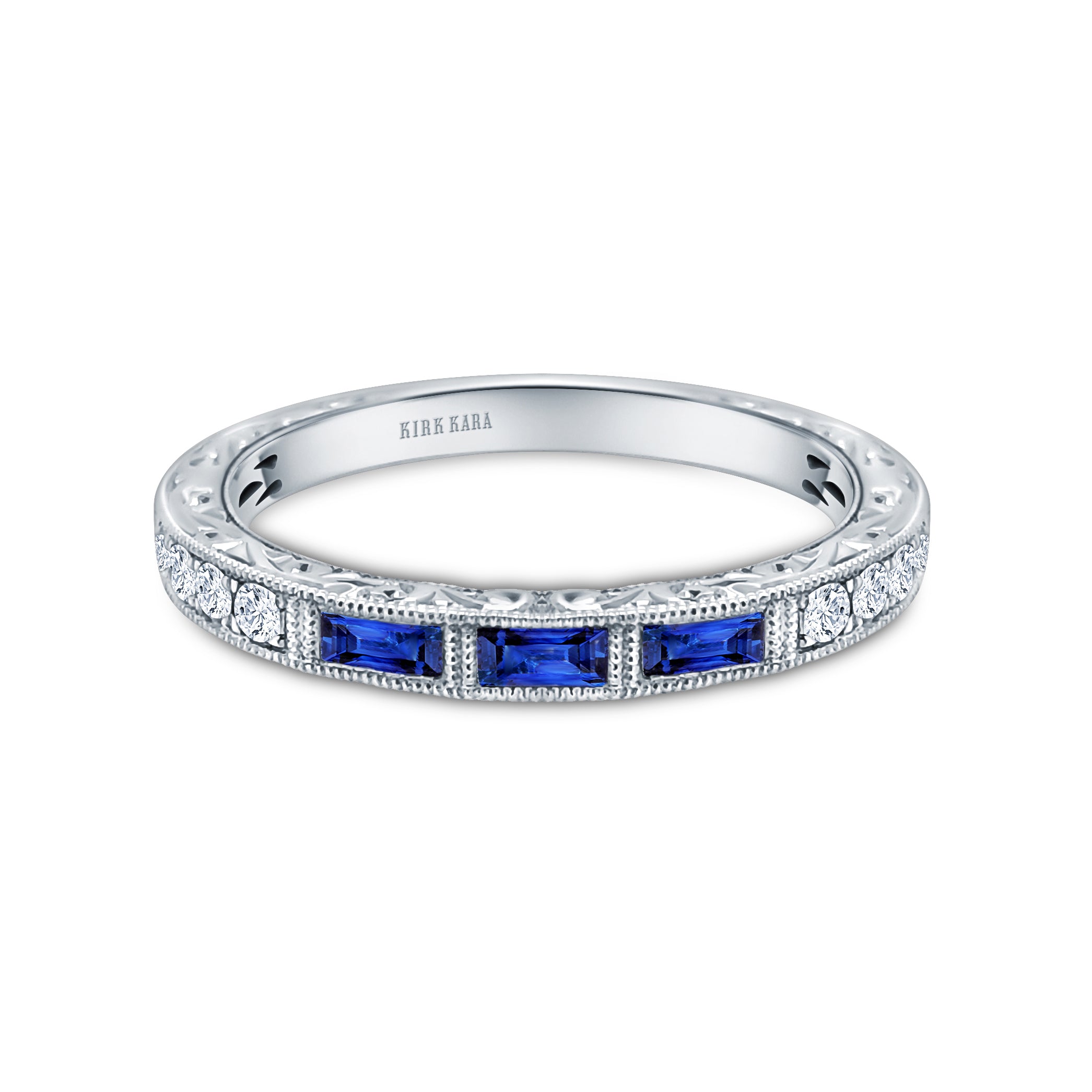 Baguette Engraved Blue Sapphire Diamond Wedding Band