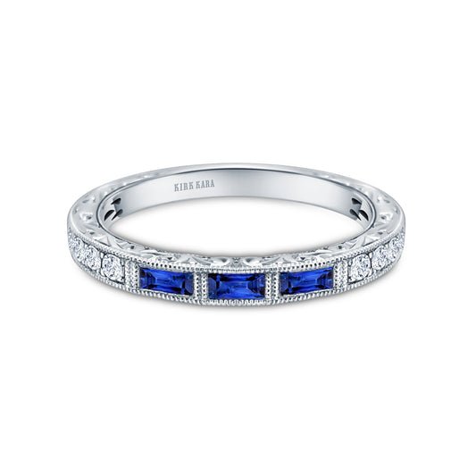 Baguette Engraved Blue Sapphire Diamond Wedding Band