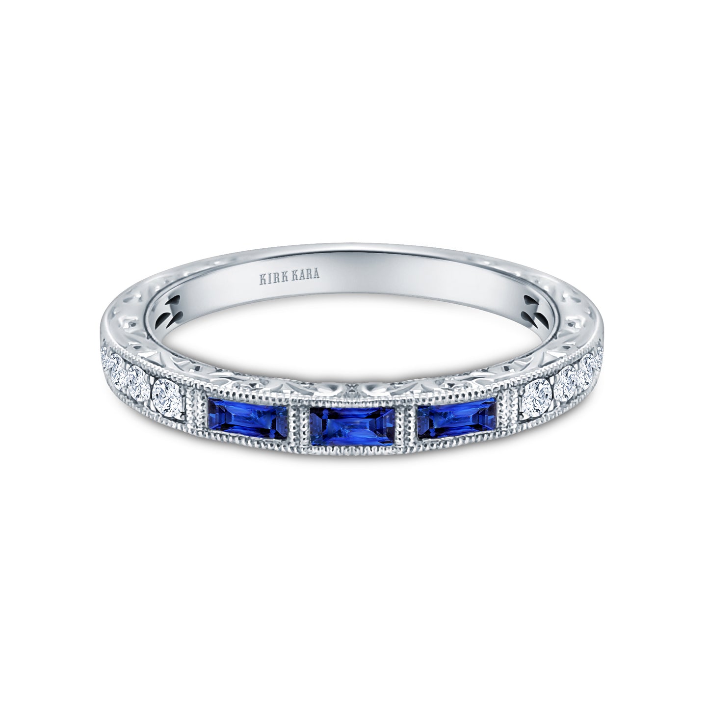 Baguette Engraved Blue Sapphire Diamond Wedding Band