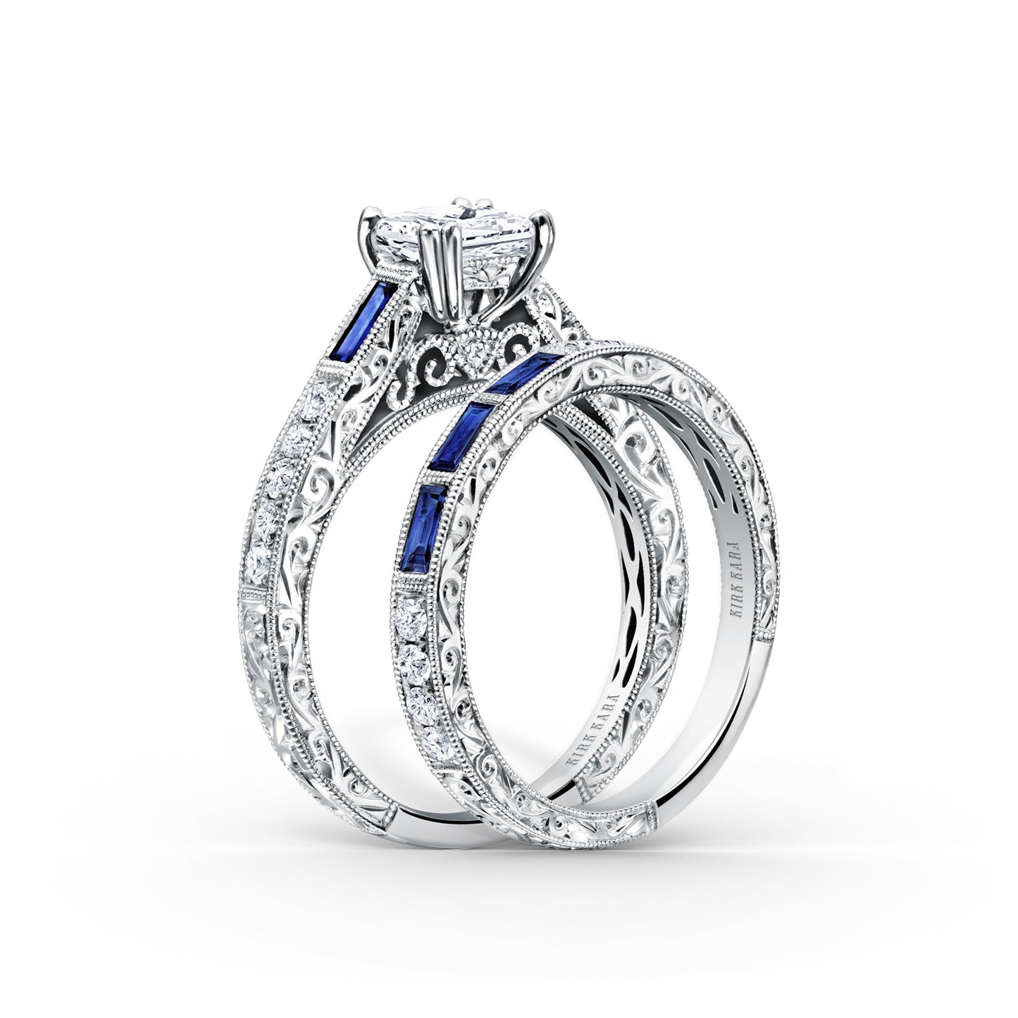 Baguette Engraved Blue Sapphire Diamond Engagement Ring