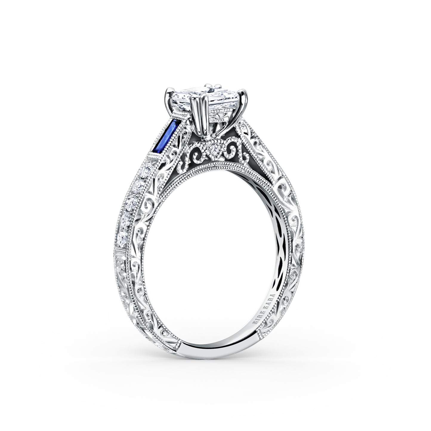 Baguette Engraved Blue Sapphire Diamond Engagement Ring