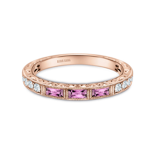 Baguette Engraved Pink Sapphire Diamond Wedding Band