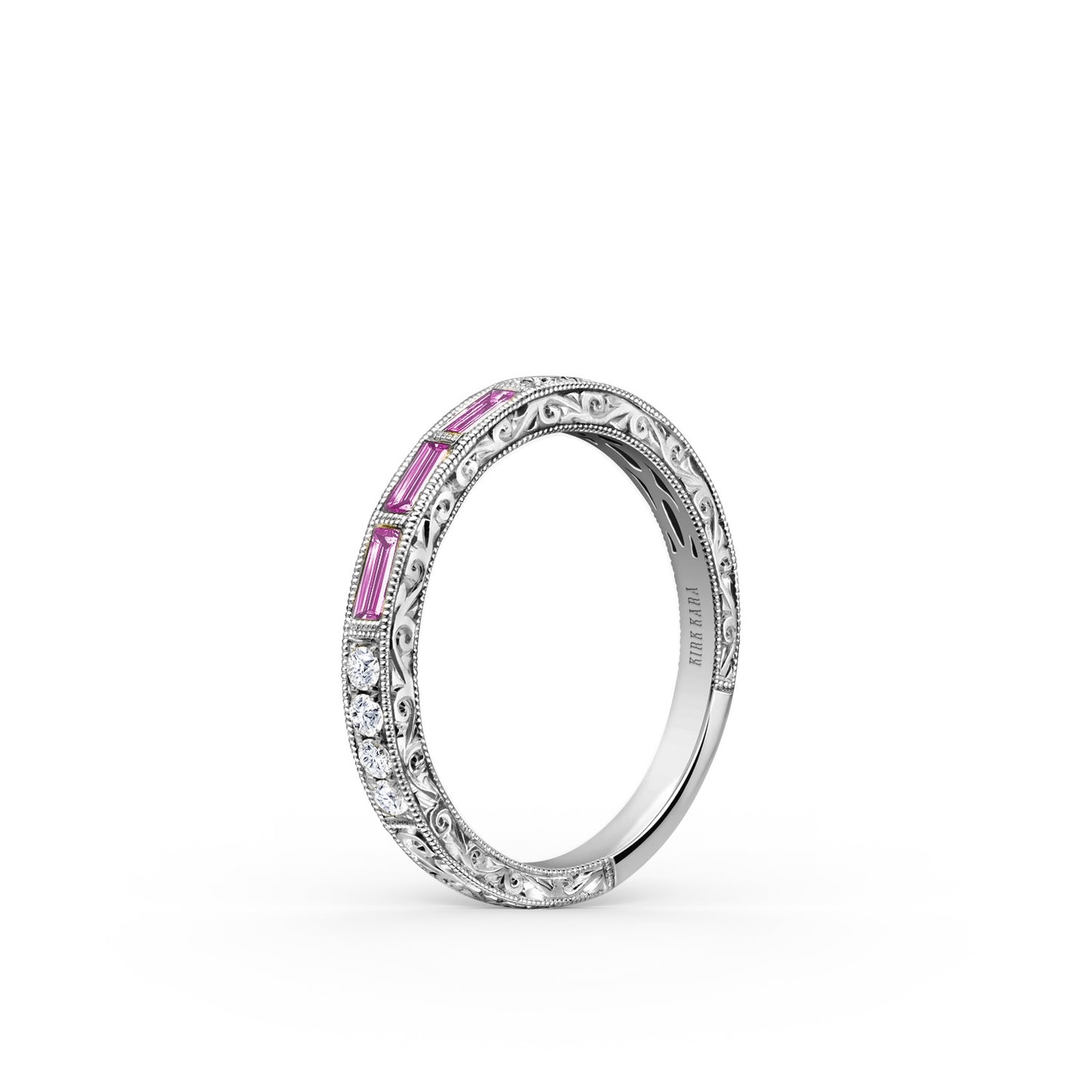 Baguette Engraved Pink Sapphire Diamond Wedding Band