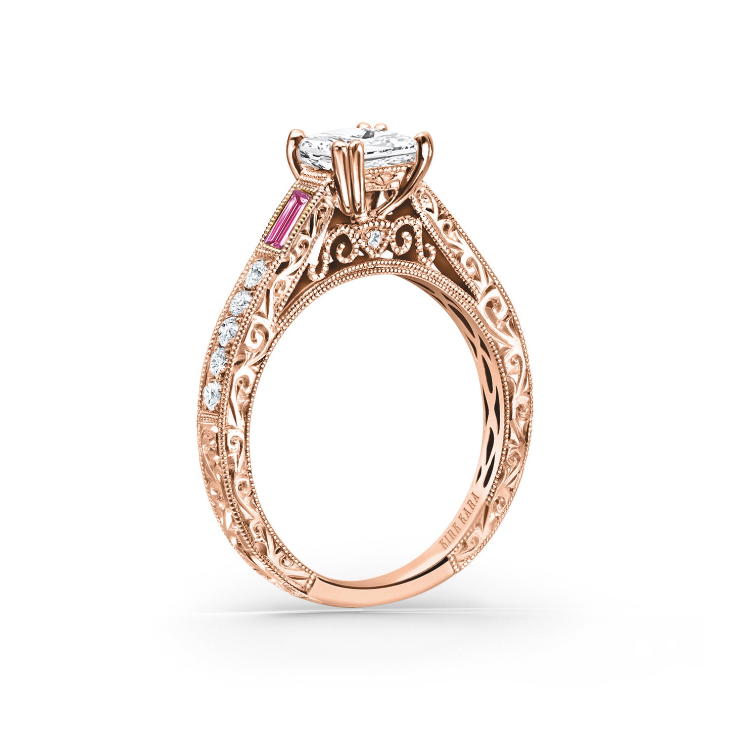 Baguette Engraved Pink Sapphire Diamond Engagement Ring