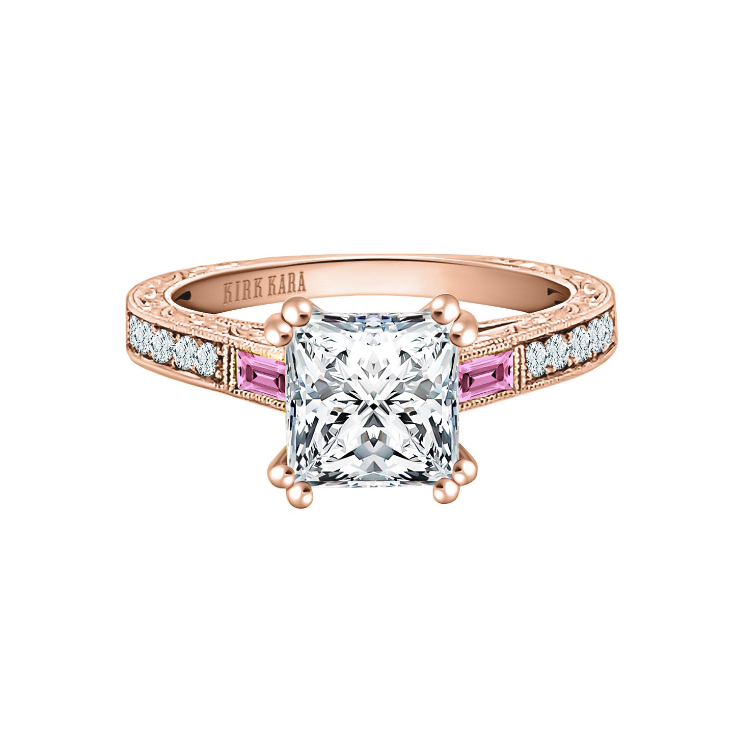 Baguette Engraved Pink Sapphire Diamond Engagement Ring