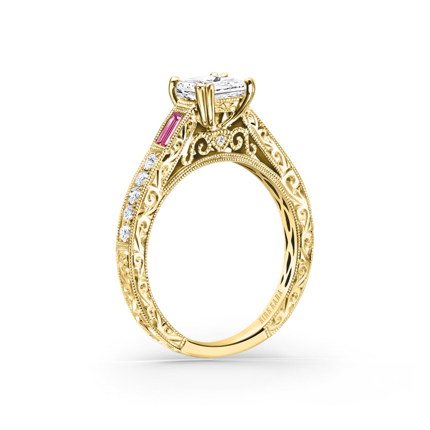 Baguette Engraved Pink Sapphire Diamond Engagement Ring