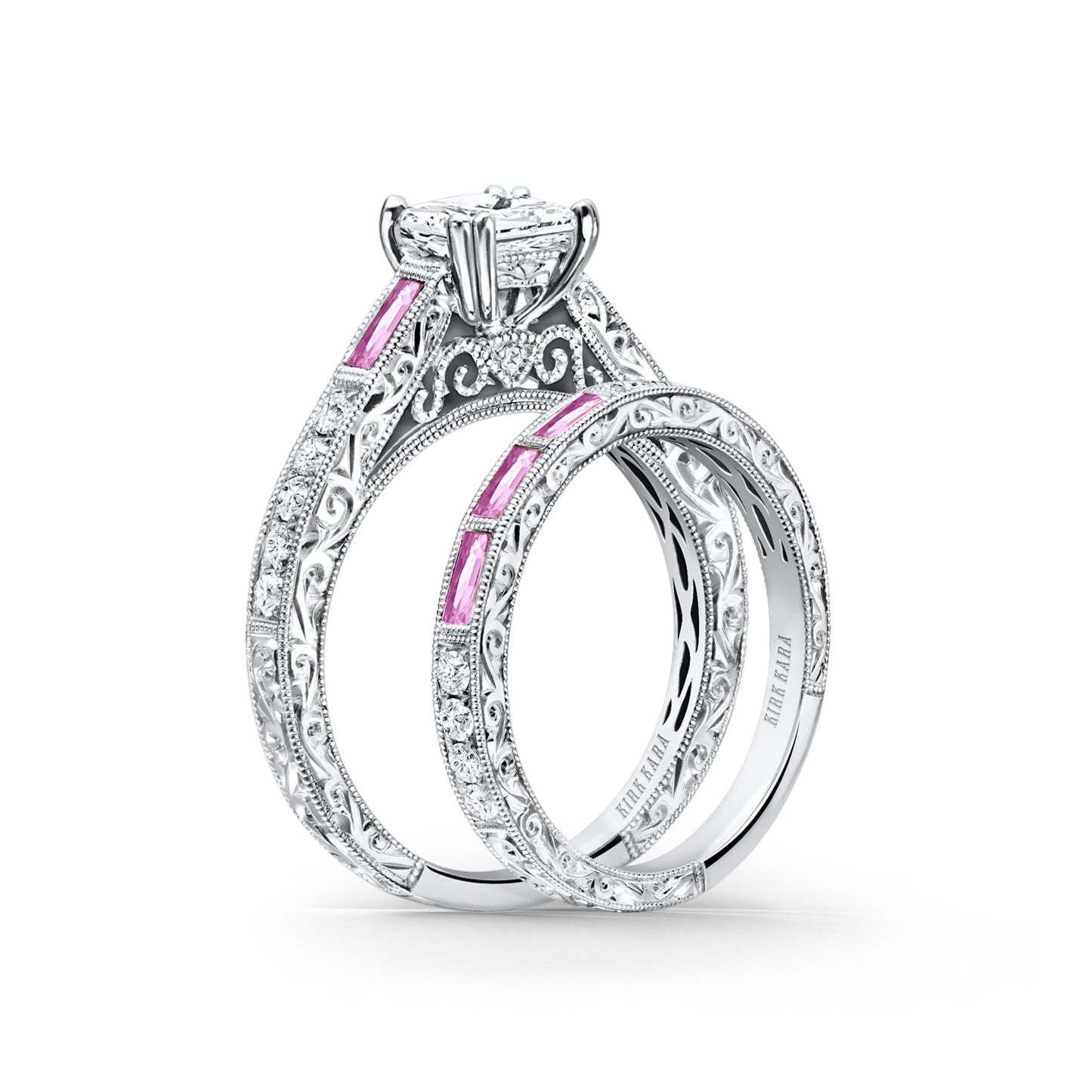 Baguette Engraved Pink Sapphire Diamond Engagement Ring