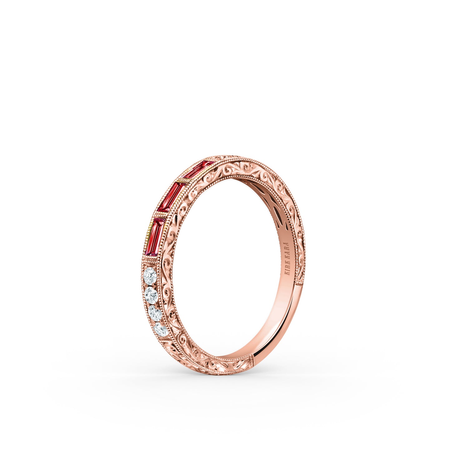 Baguette Engraved Ruby Diamond Wedding Band