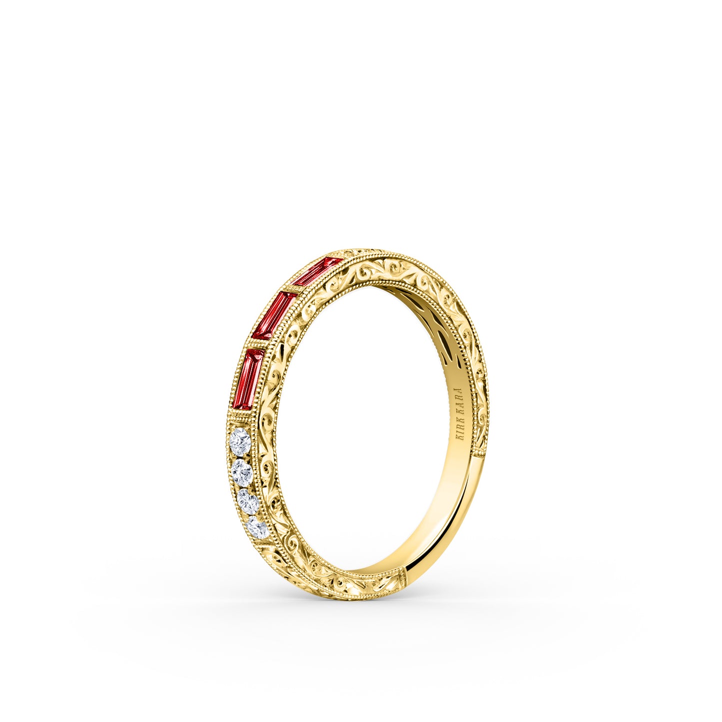 Baguette Engraved Ruby Diamond Wedding Band