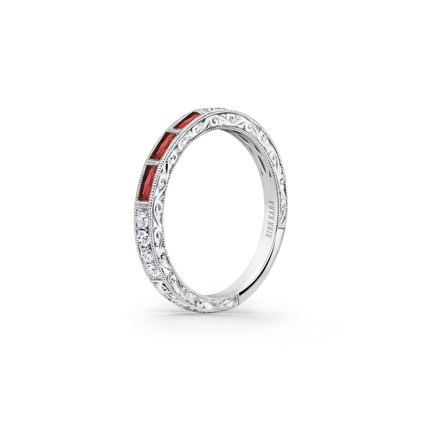 Baguette Engraved Ruby Diamond Wedding Band