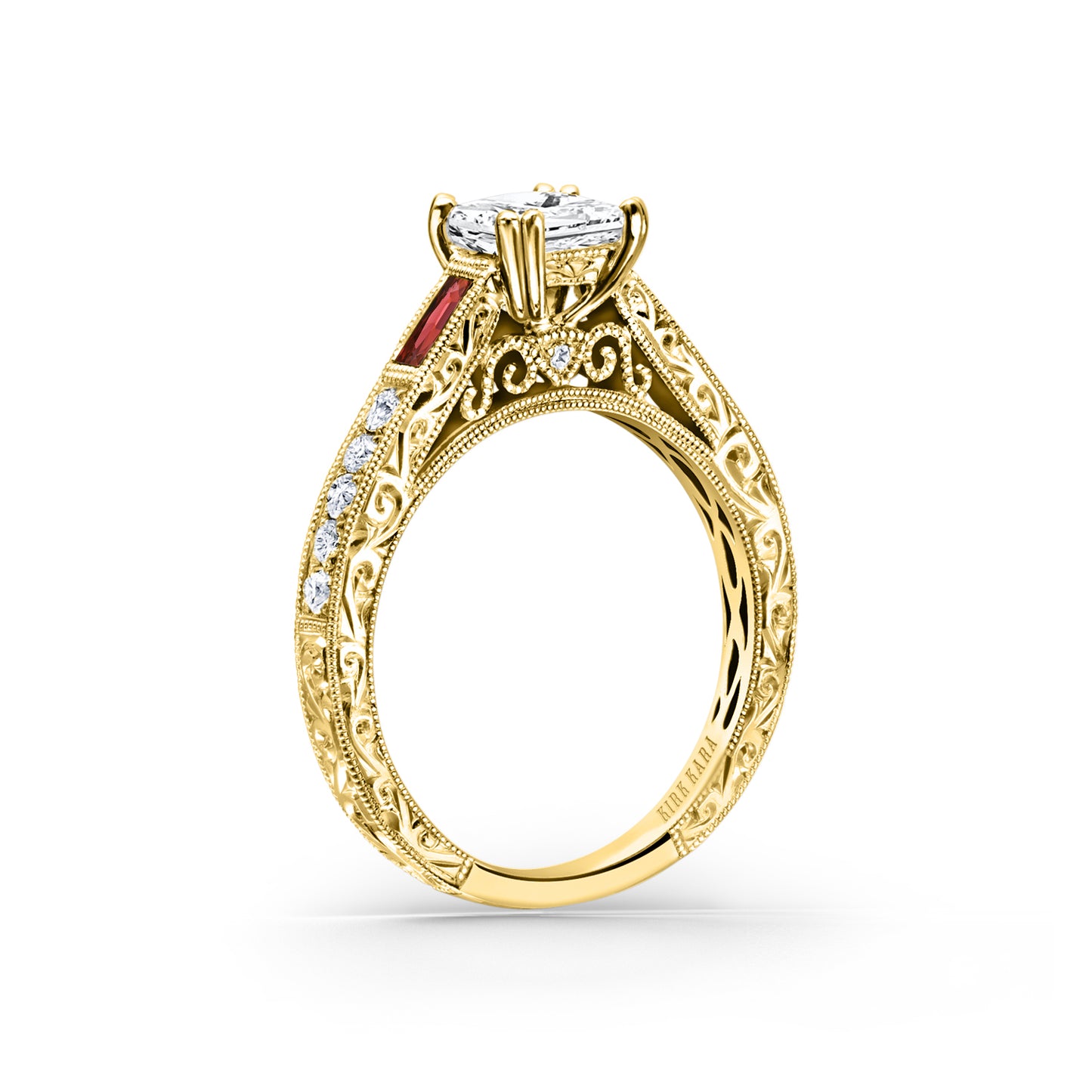 Baguette Engraved Ruby Diamond Engagement Ring