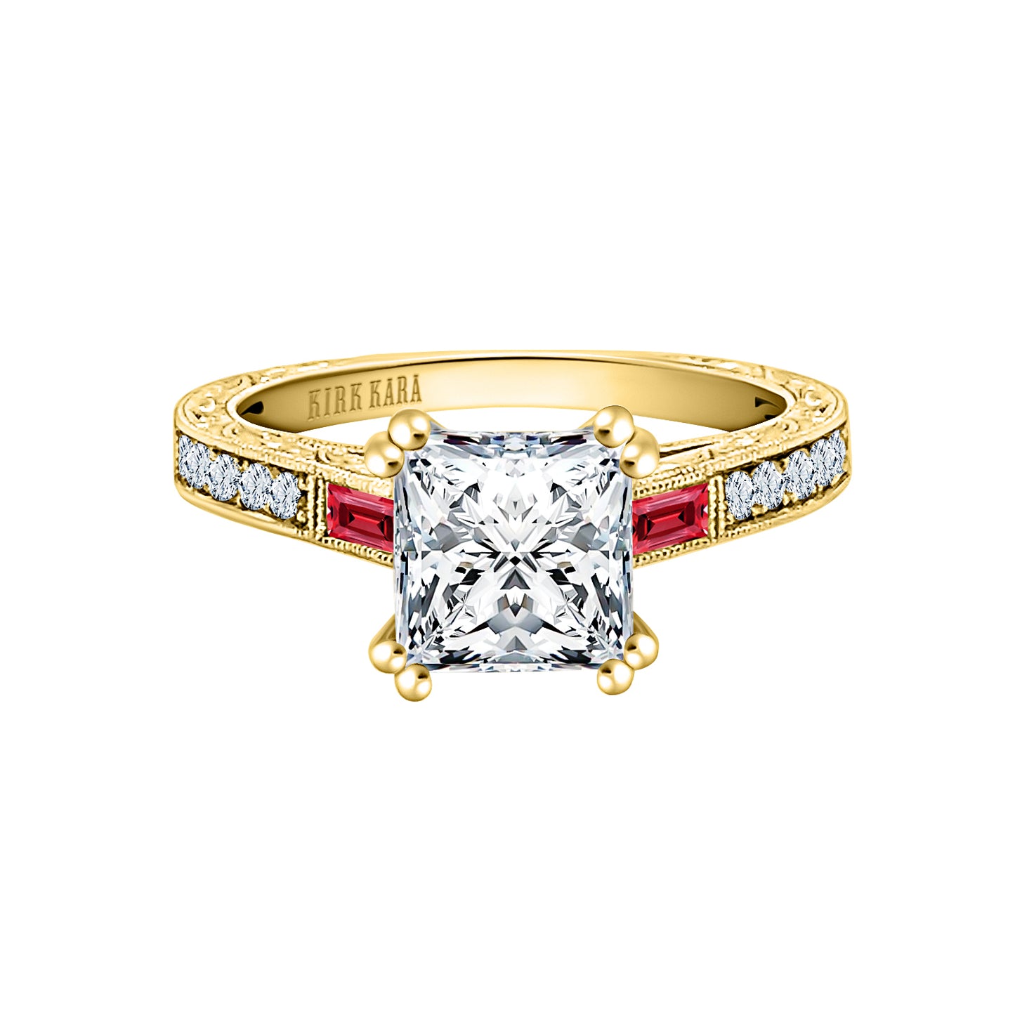 Baguette Engraved Ruby Diamond Engagement Ring