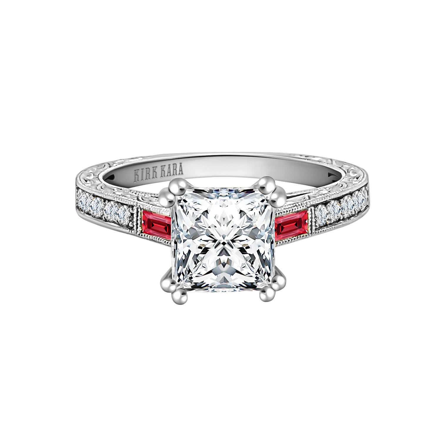 Baguette Engraved Ruby Diamond Engagement Ring
