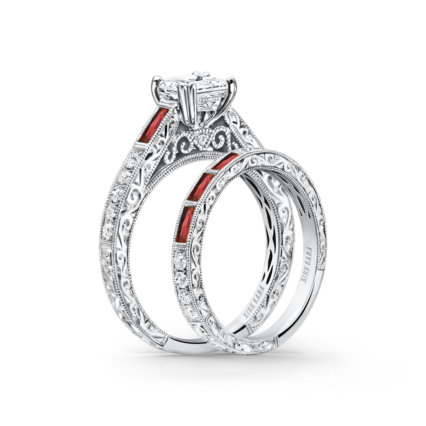 Baguette Engraved Ruby Diamond Engagement Ring