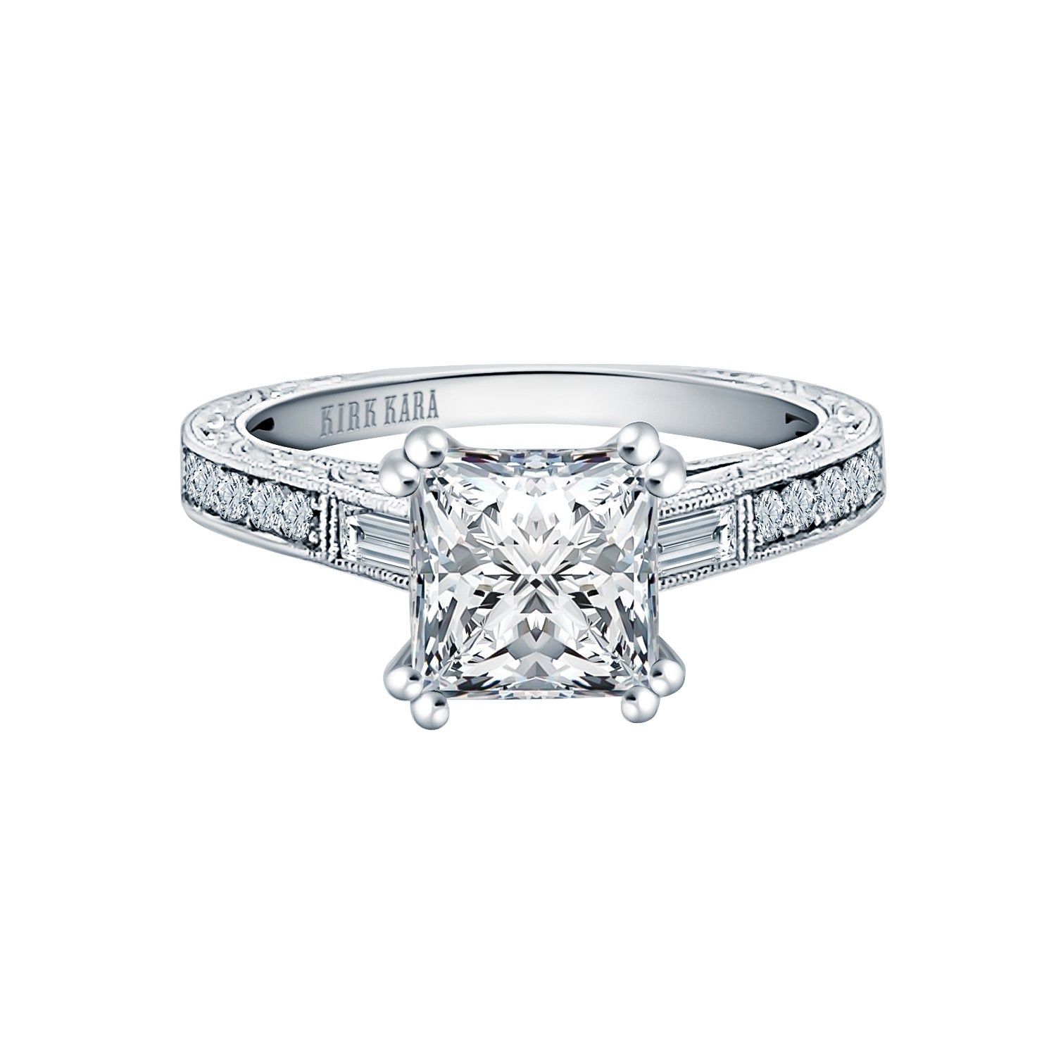Baguette Engraved Diamond Engagement Ring