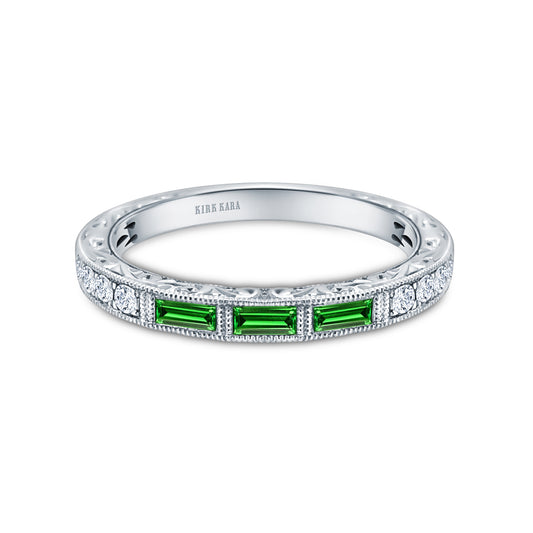 Baguette Engraved Tsavorite Diamond Wedding Band