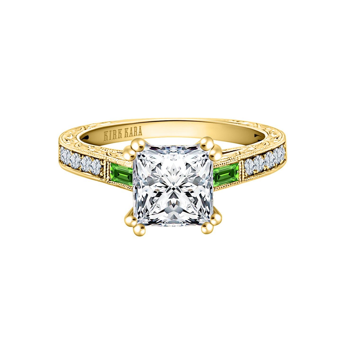 Baguette Engraved Tsavorite Diamond Engagement Ring