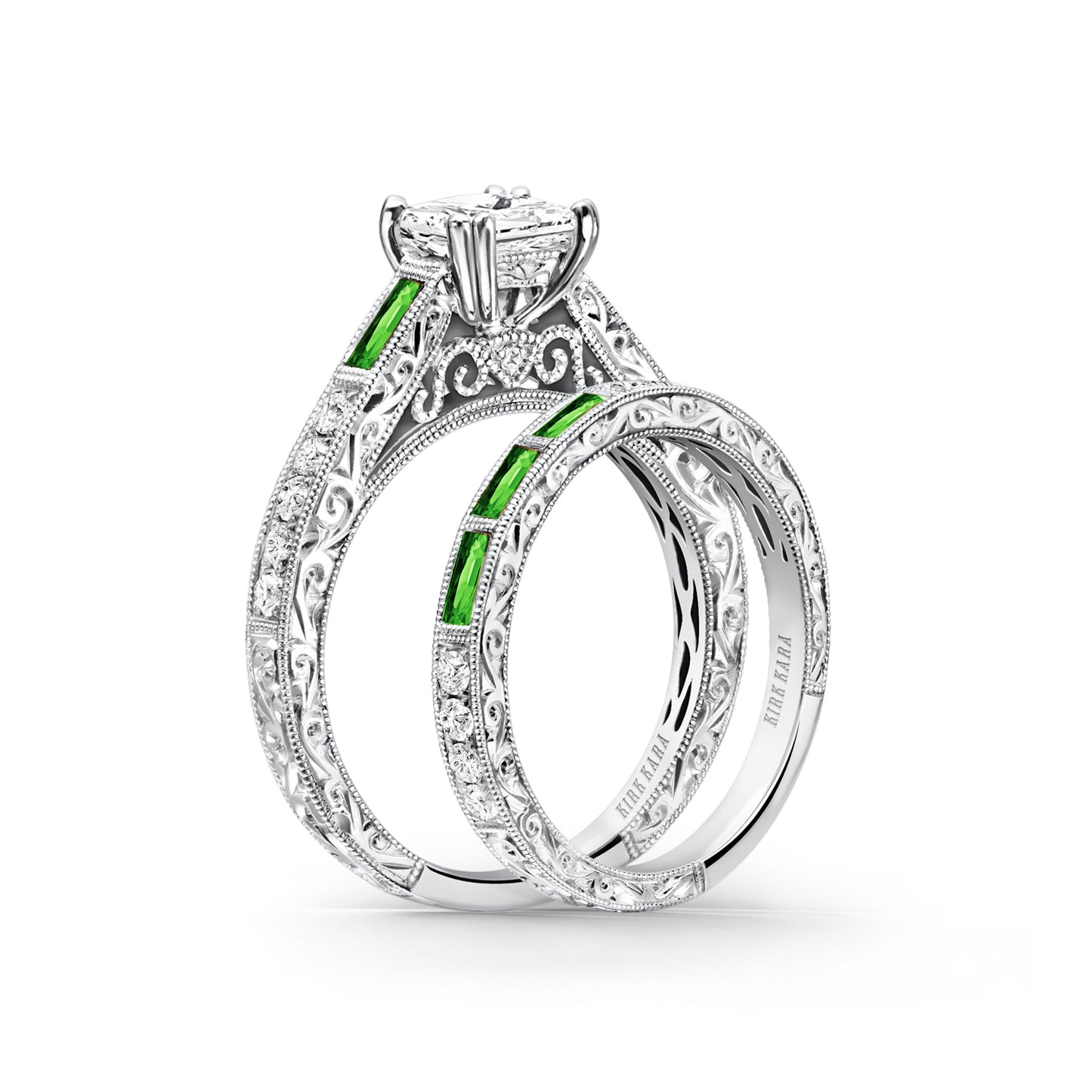 Baguette Engraved Tsavorite Diamond Engagement Ring