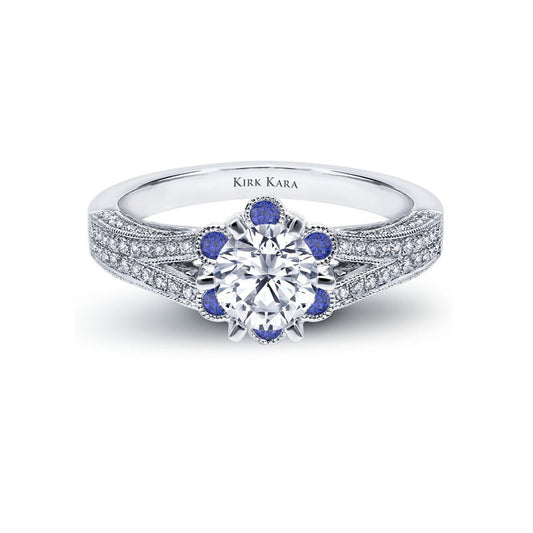 18K White Gold Flower Blue Sapphire Halo Engagement Ring