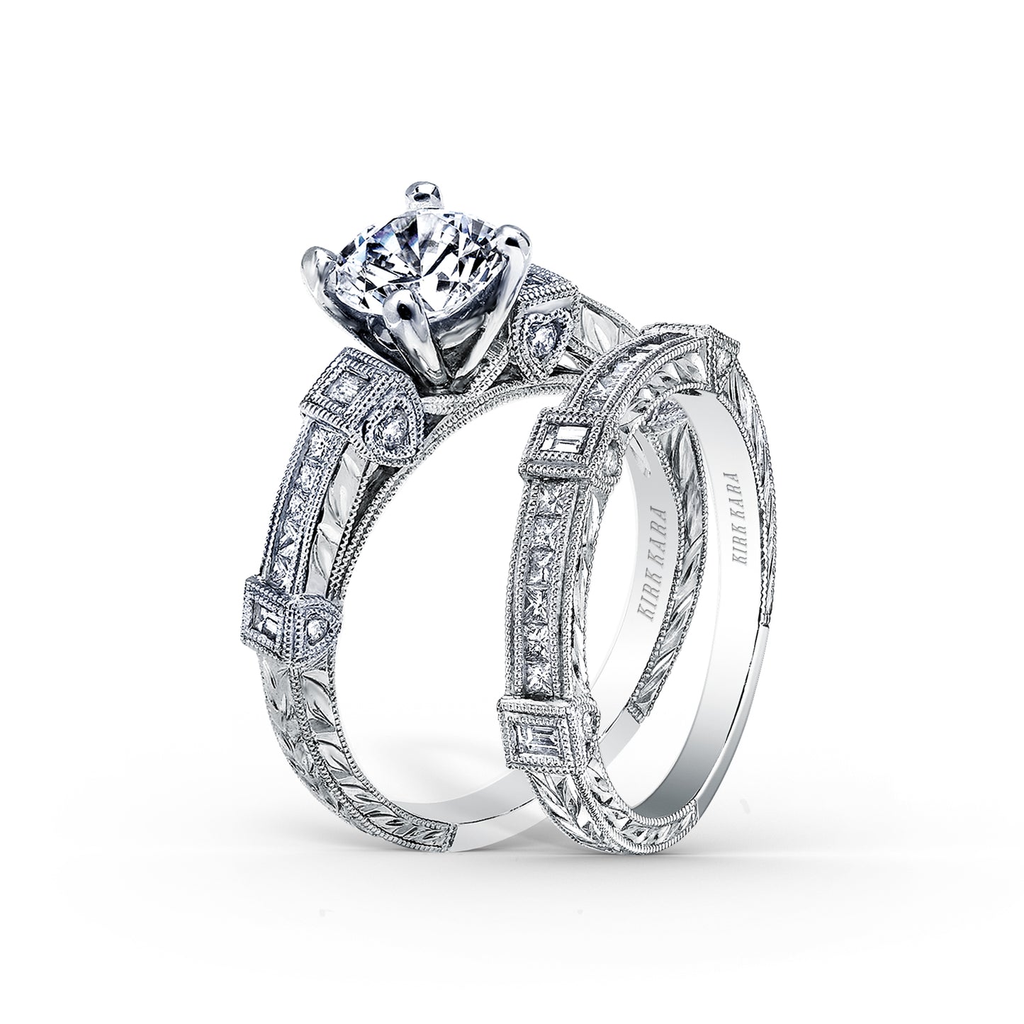 Modern Channel Set Engraved Diamond Engagement Ring