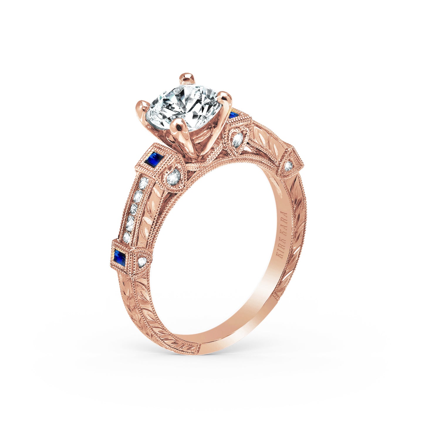 Modern Channel Set Engraved Blue Sapphire Diamond Engagement Ring