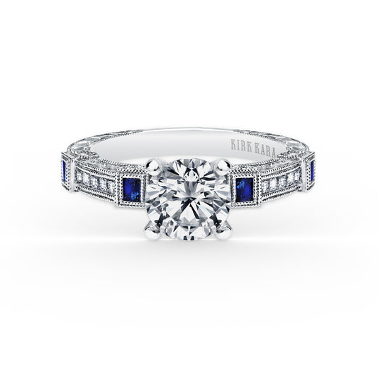Modern Channel Set Engraved Blue Sapphire Diamond Engagement Ring