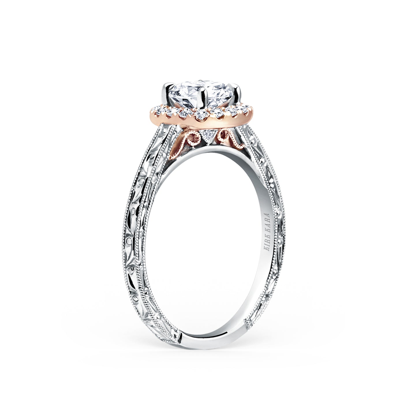 Classic Scroll Engraved Halo Diamond Engagement Ring