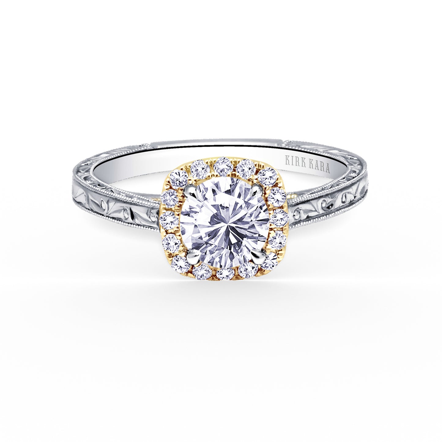 Classic Scroll Engraved Halo Diamond Engagement Ring