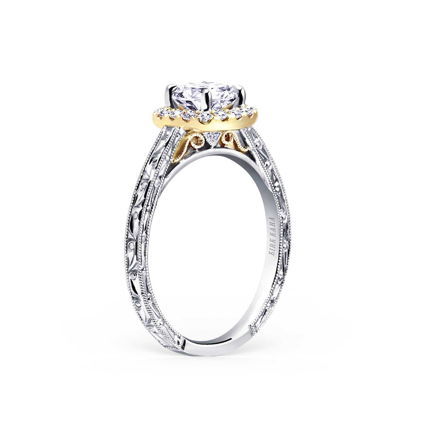 Classic Scroll Engraved Halo Diamond Engagement Ring