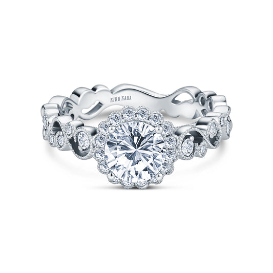 Lace Milgrain Scalloped Halo Diamond Engagement Ring