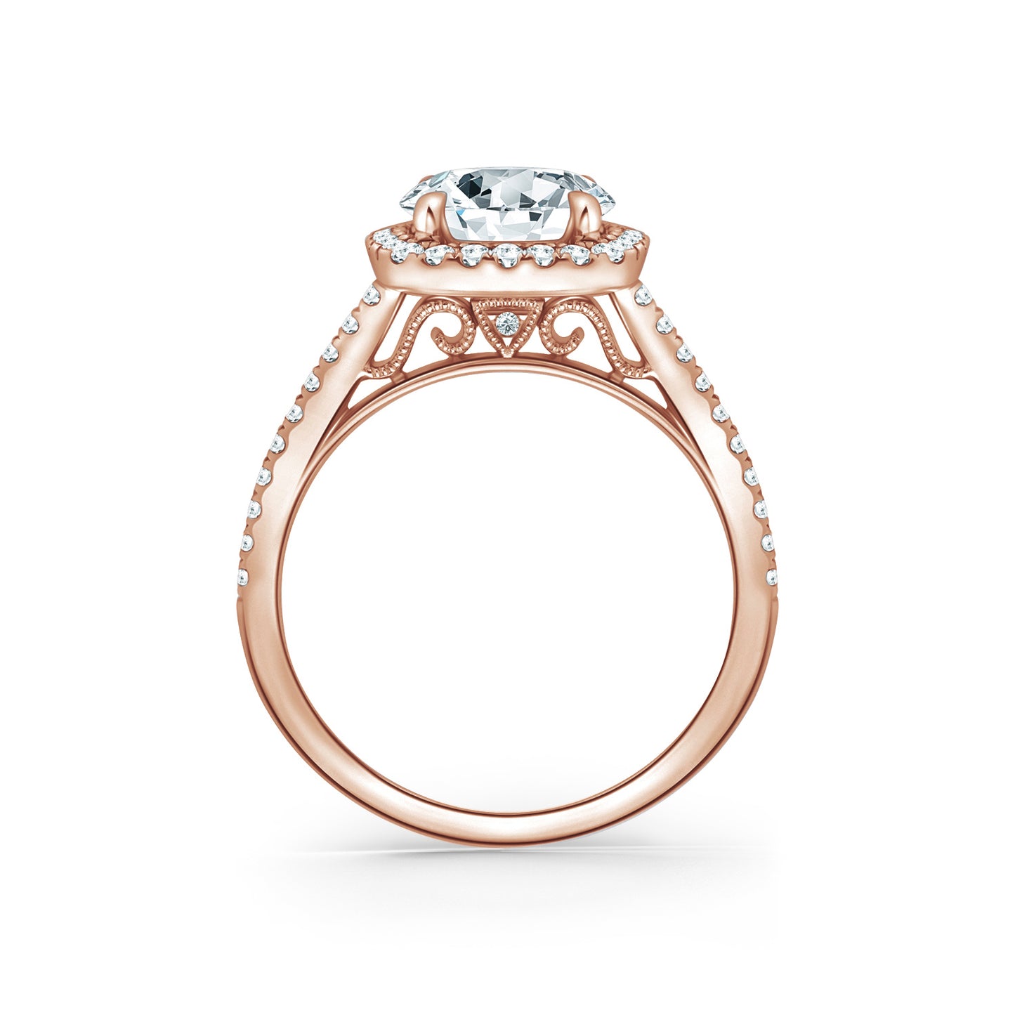 Classic Prong Set Halo Diamond Shank Engagement Ring
