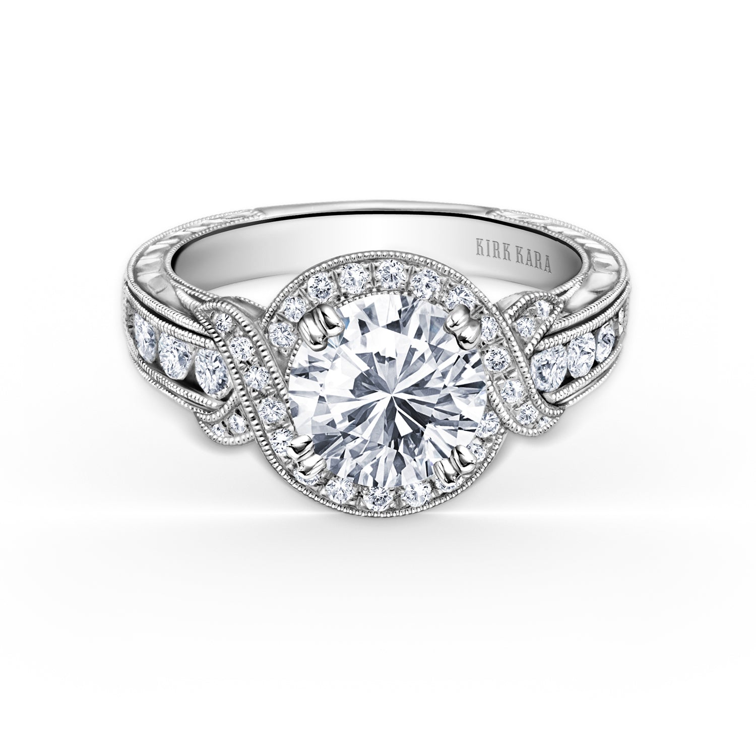 Halo Engraved Channel Set Milgrain Diamond Engagement Ring