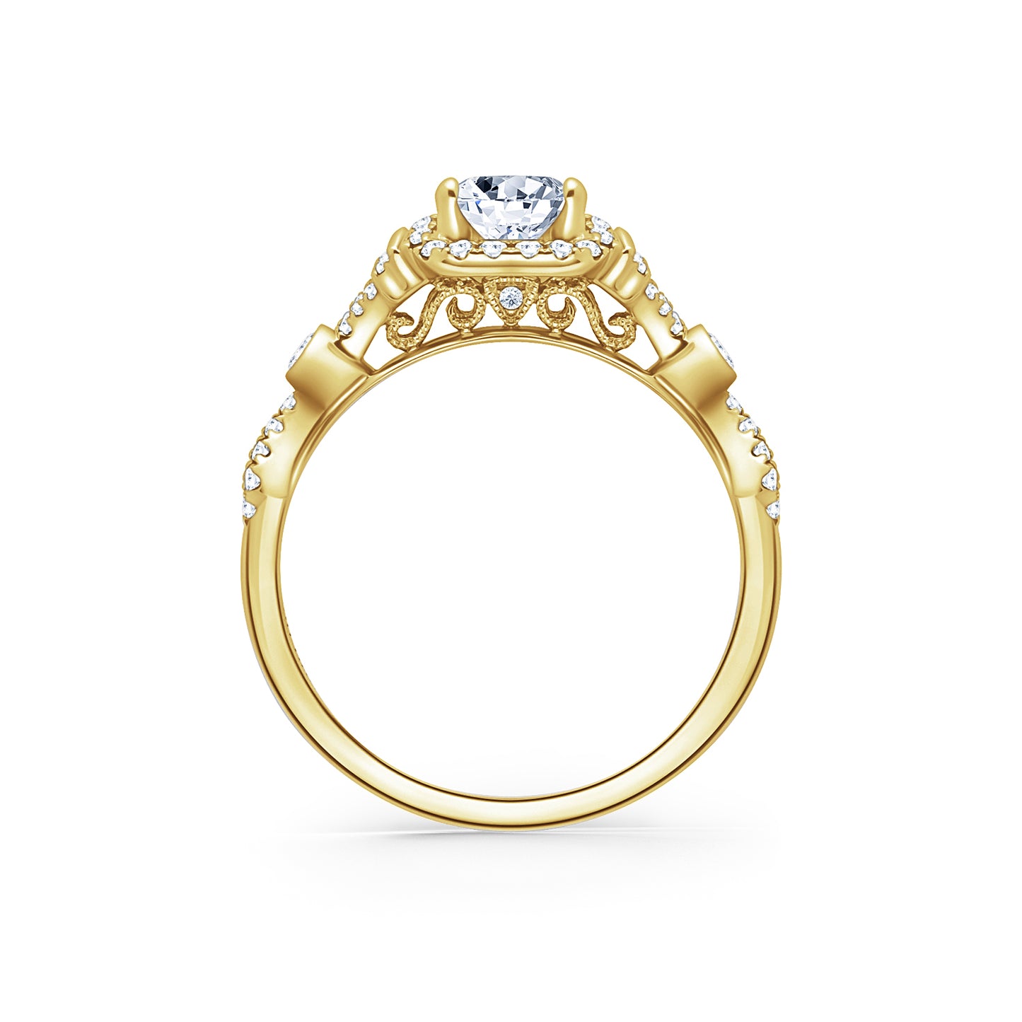 Deco Bezel Accent Halo Diamond Engagement Ring