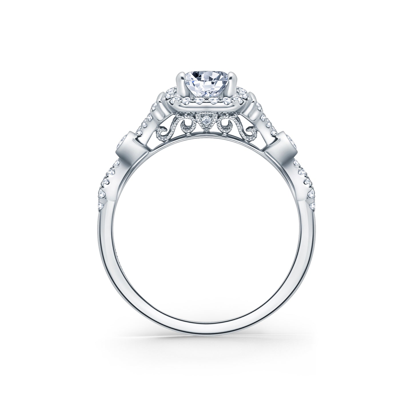 Deco Bezel Accent Halo Diamond Engagement Ring