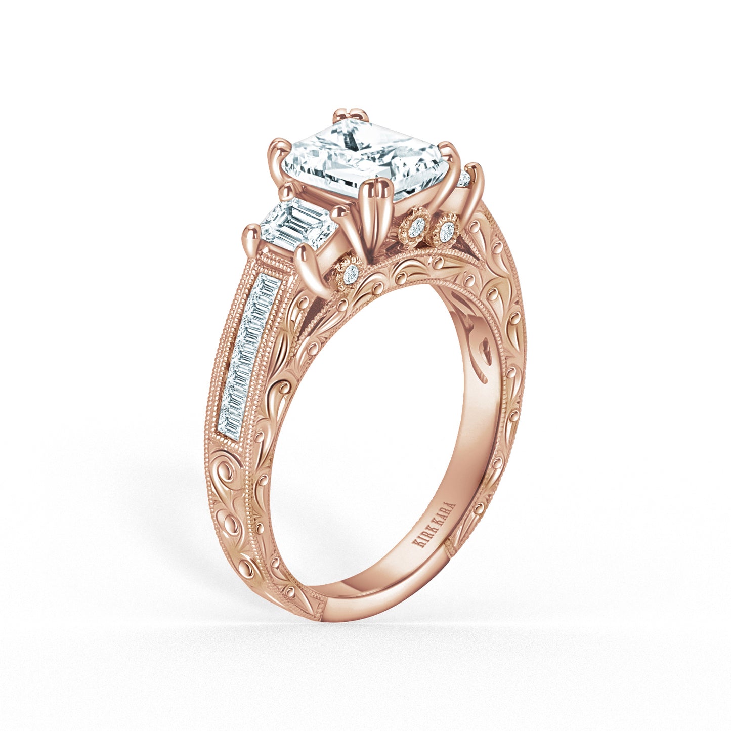 Three Stone Engraved Baguette Accent Diamond Engagement Ring