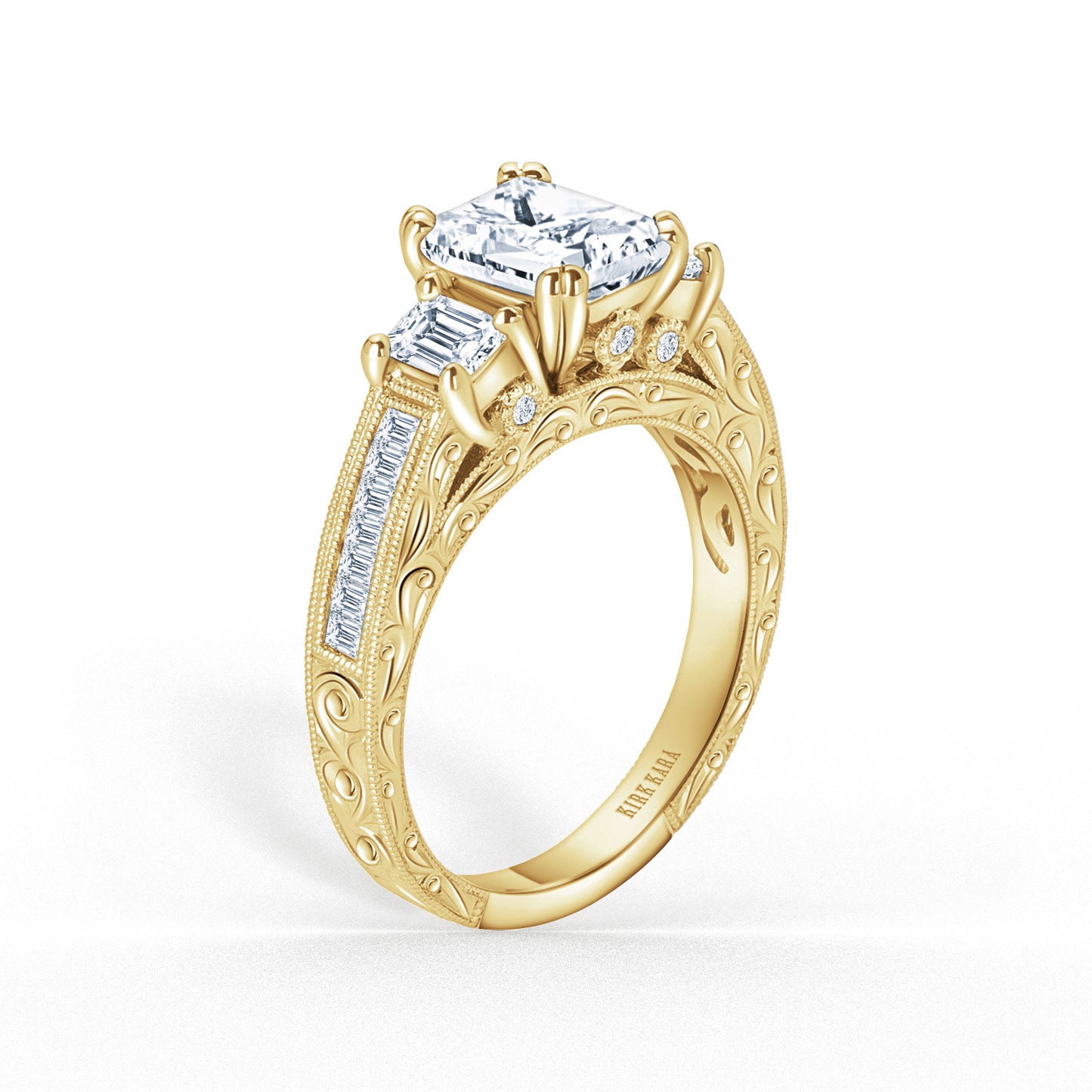 Three Stone Engraved Baguette Accent Diamond Engagement Ring
