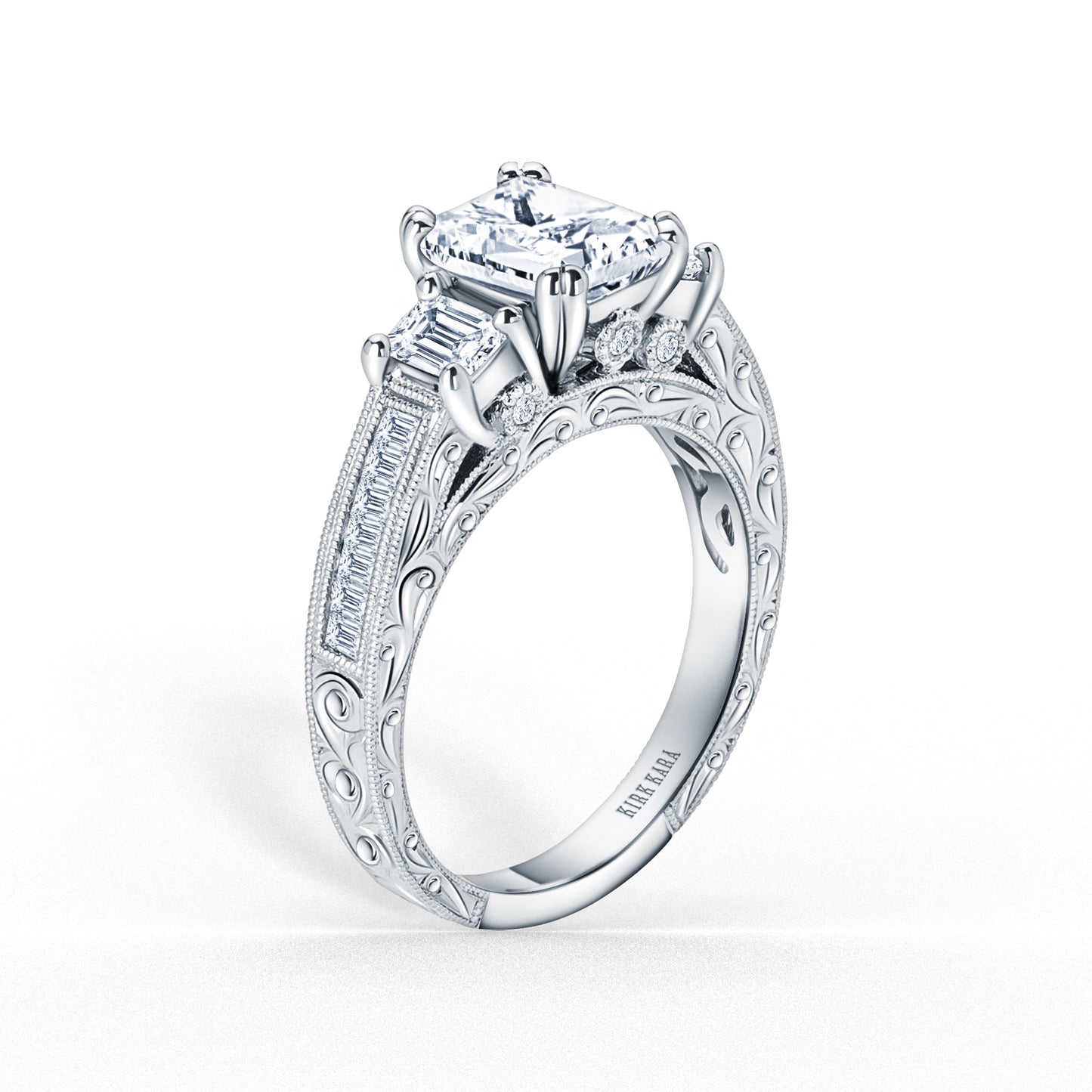Three Stone Engraved Baguette Accent Diamond Engagement Ring