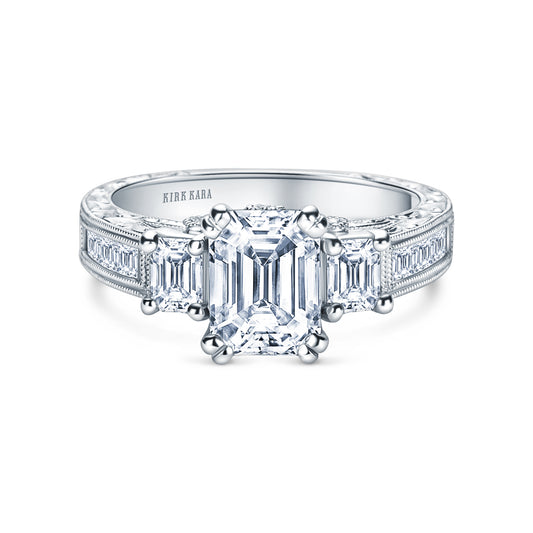 Three Stone Engraved Baguette Accent Diamond Engagement Ring