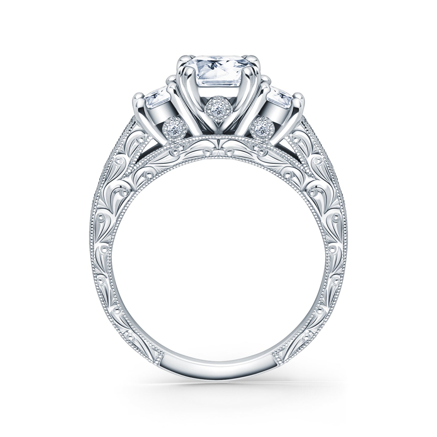 Three Stone Engraved Baguette Accent Diamond Engagement Ring