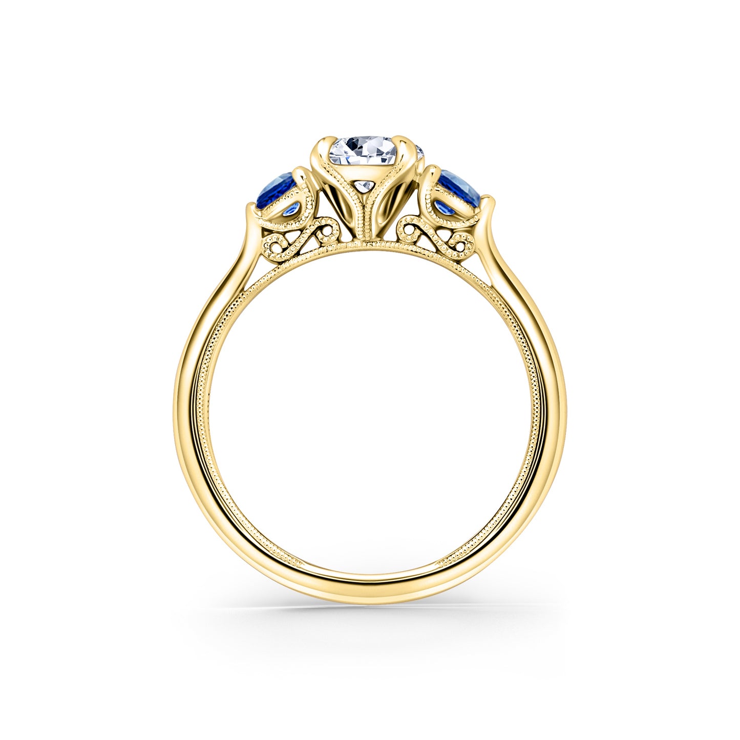 Three Stone Blue Sapphire Round Side Stone Engagement Ring