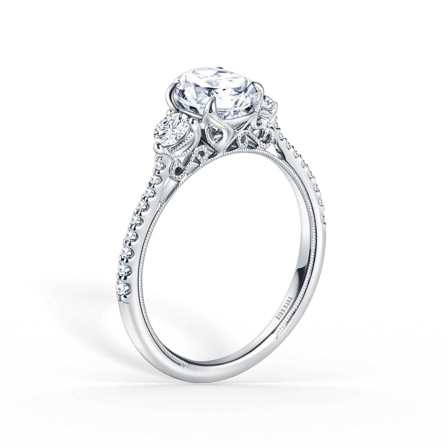 Three Stone Round Side Stone Diamond Accent Engagement Ring