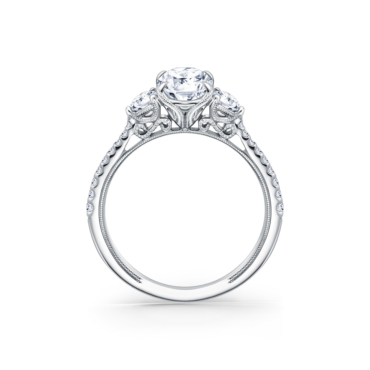 Three Stone Round Side Stone Diamond Accent Engagement Ring
