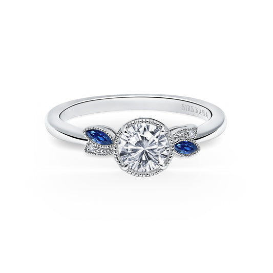 Floral Leaf Blue Sapphire Diamond Engagement Ring