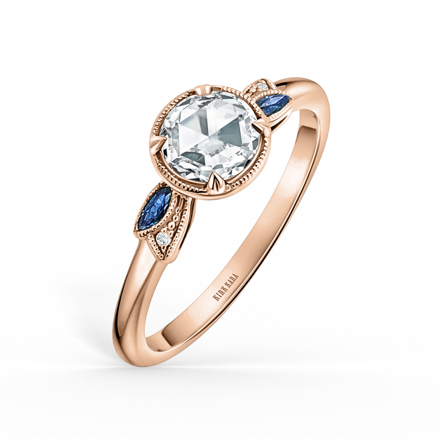 Floral Boho Blue Sapphire Rose Cut Diamond Engagement Ring