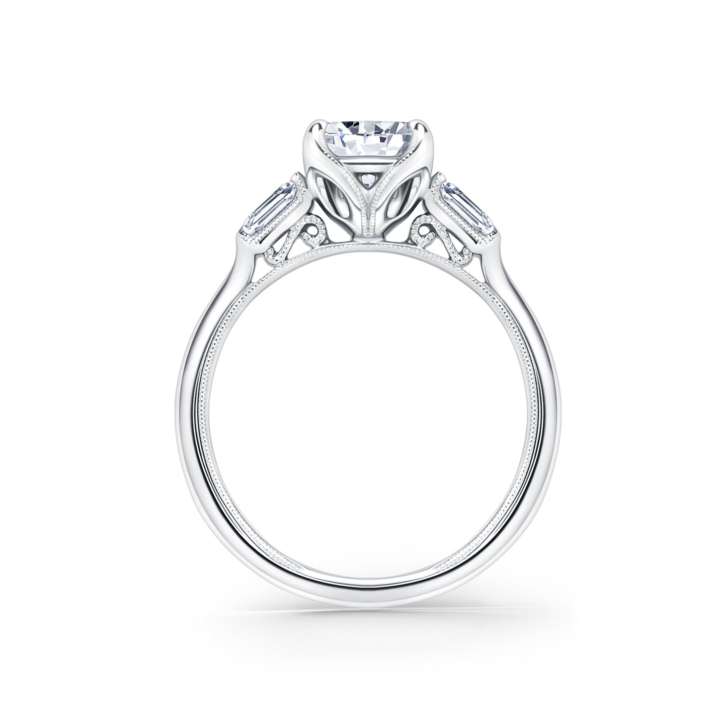Three Stone Baguette Side Stone Diamond Engagement Ring