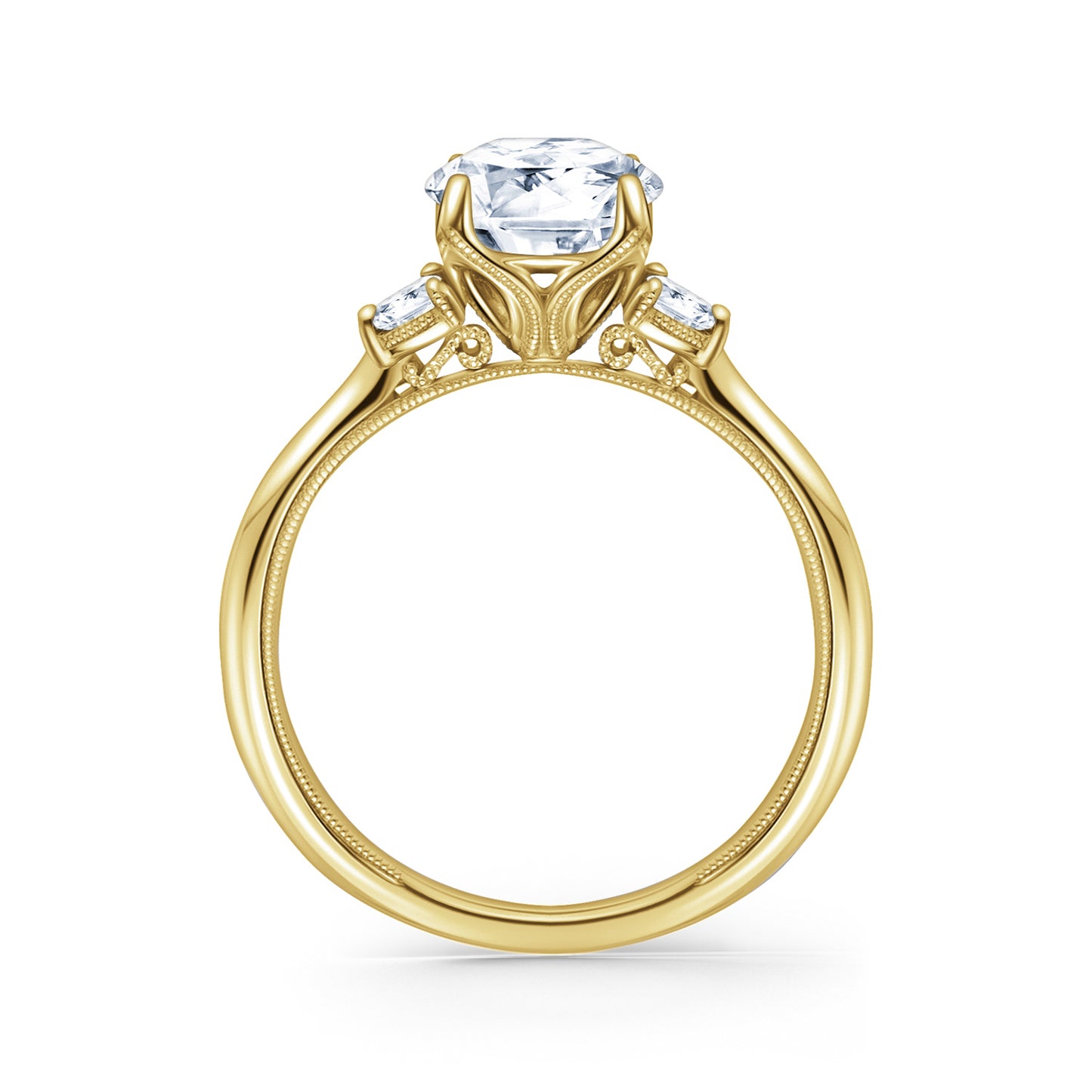 Three Stone Half Moon Side Stone Diamond Engagement Ring