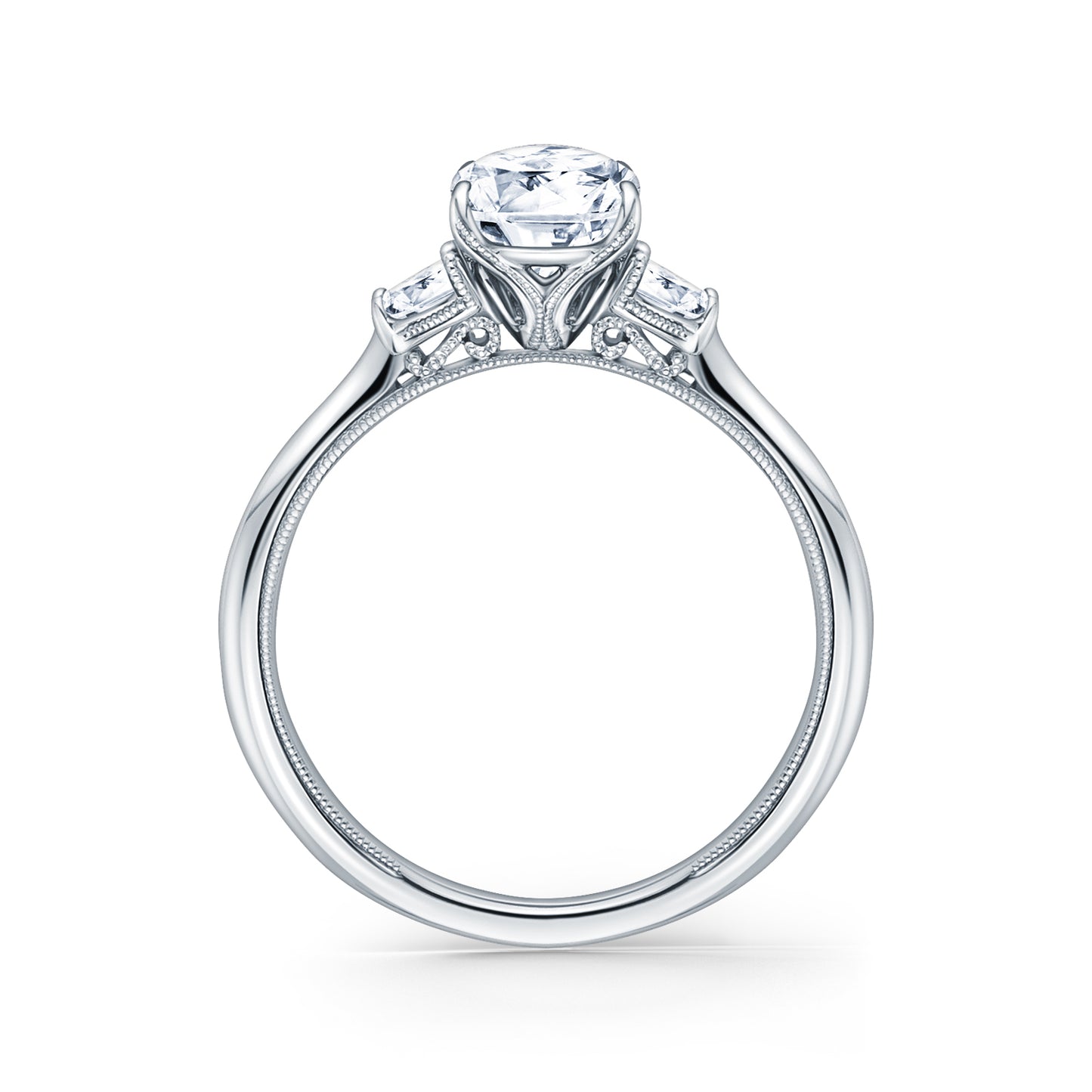 Three Stone Half Moon Side Stone Diamond Engagement Ring